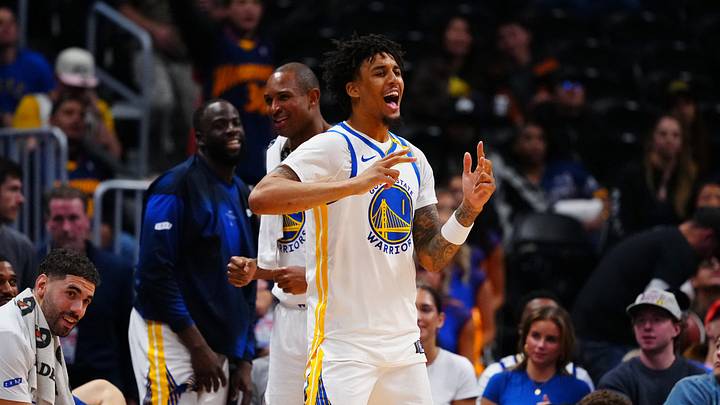 Oct 26, 2026; Denver, Colorado, USA;  Golden State Warriors forward Yaxel Lendeborg (1) reacts in the fourth quarter against the Denver Nuggets at Ball Arena.  Mandatory Credit: Ron Chenoy-Imagn Images
