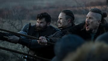 The Last Kingdom: Seven Kings Must Die. (L to R) Mark Rowley as Finan, Arnas Fedaravicius as Sihtric and Alexander Dreymon as Uhtred in The Last Kingdom: Seven Kings Must Die. Cr. Courtesy of Netflix © 2023