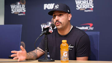 Oct 25, 2024; Los Angeles, California, USA; New York Yankees pitcher Nestor Cortes Jr (65) talks to the media prior to the game against the Los Angeles Dodgers during game one of the 2024 MLB World Series at Dodger Stadium. 