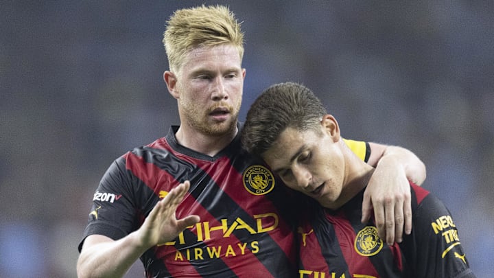 Manchester City stars Kevin De Bruyne and Julian Alvarez celebrate against Club America