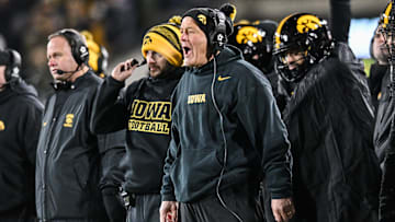 Nov 29, 2024; Iowa City, Iowa, USA; Iowa Hawkeyes head coach Kirk Ferentz reacts during the second quarter against the Nebraska Cornhuskers at Kinnick Stadium. Mandatory Credit: Jeffrey Becker-Imagn Images