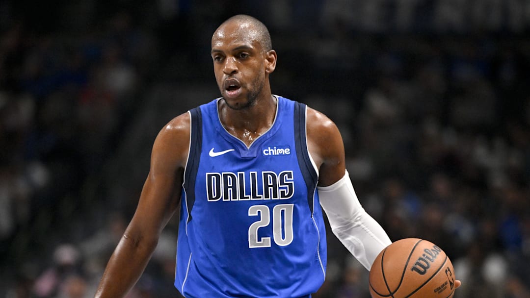 Feb 26, 2026; Dallas, Texas, USA; Dallas Mavericks forward Khris Middleton (20) brings the ball up court against the Sacramento Kings during the first quarter at the American Airlines Center. Mandatory Credit: Jerome Miron-Imagn Images
