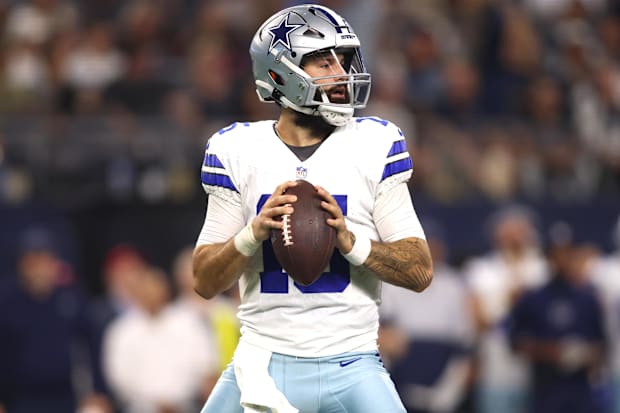 Dallas Cowboys quarterback Will Grier throws a pass in the second quarter against the Las Vegas Raiders.