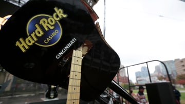 A smashed guitar remains on the stage after the grand opening of the newly rebranded Hard Rock