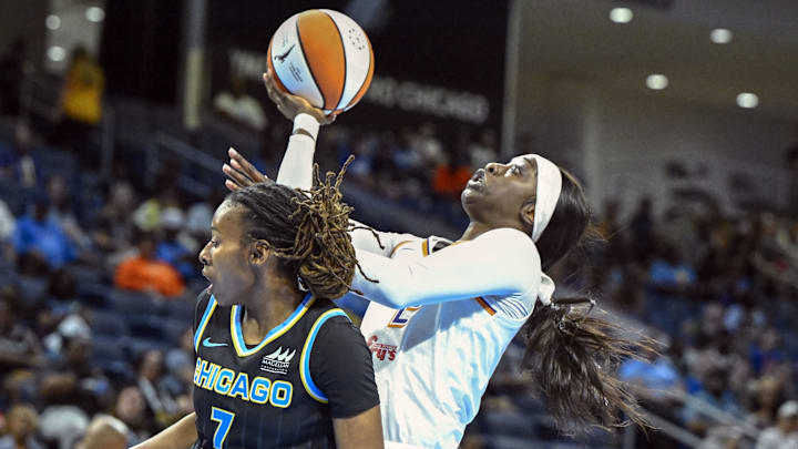 Jun 21, 2025; Chicago, Illinois, USA; Phoenix Mercury guard Kahleah Copper (2) shoots against Chicago Sky guard Ariel Atkins (7) during the first quarter at Wintrust Arena. Mandatory Credit: Matt Marton-Imagn Images Jun 21, 2025; Chicago, Illinois, USA; Phoenix Mercury guard Kahleah Copper (2) shoots against Chicago Sky guard Ariel Atkins (7) during the first quarter at Wintrust Arena. Mandatory Credit: Matt Marton-Imagn Images