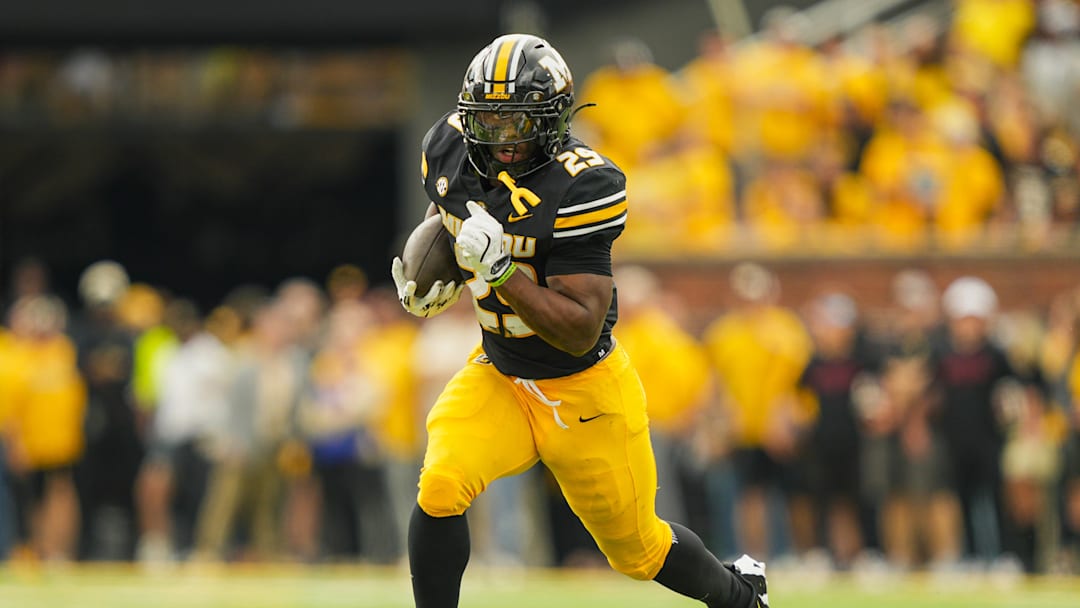Oct 11, 2025; Columbia, Missouri, USA; Missouri Tigers running back Ahmad Hardy (29) runs the ball during the first half against the Alabama Crimson Tide at Faurot Field at Memorial Stadium. Mandatory Credit: Jay Biggerstaff-Imagn Images