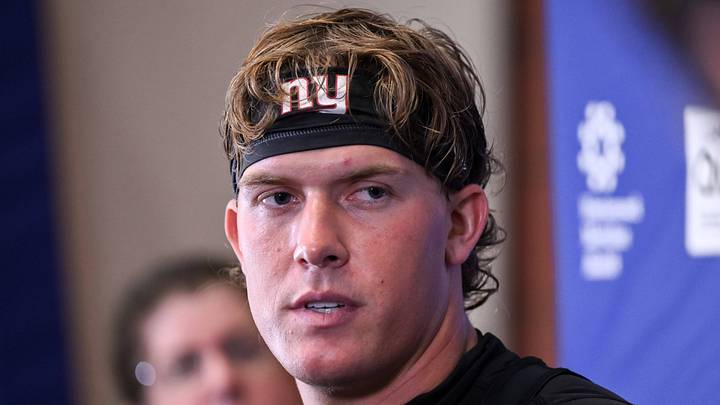 May 21, 2026; East Rutherford, NJ, USA; New York Giants quarterback Jaxson Dart (6) speaks at a press conference during organized team activities at Quest Diagnostics Training Center. Mandatory Credit: John Jones-Imagn Images
