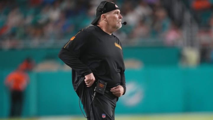 Aug 17, 2024; Miami Gardens, Florida, USA;  Washington Commanders head coach Dan Quinn along the sideline during the third quarter against the Miami Dolphins at Hard Rock Stadium. Mandatory Credit: Jim Rassol-USA TODAY Sports