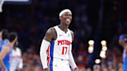 Apr 2, 2025; Oklahoma City, Oklahoma, USA; Detroit Pistons guard Dennis Schroder (17) stands during a time out against the Oklahoma City Thunder during the second half at Paycom Center. Mandatory Credit: Alonzo Adams-Imagn Images
