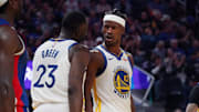 Mar 8, 2025; San Francisco, California, USA; Golden State Warriors forward Jimmy Butler III (10) celebrates with forward Draymond Green (23) in the second quarter at Chase Center. Mandatory Credit: David Gonzales-Imagn Images