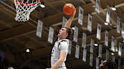 Jan 11, 2025; Durham, North Carolina, USA; Duke Blue Devils forward Cooper Flagg (2) dunks during the second half against the Notre Dame Fighting Irish
at Cameron Indoor Stadium. Mandatory Credit: Rob Kinnan-Imagn Images