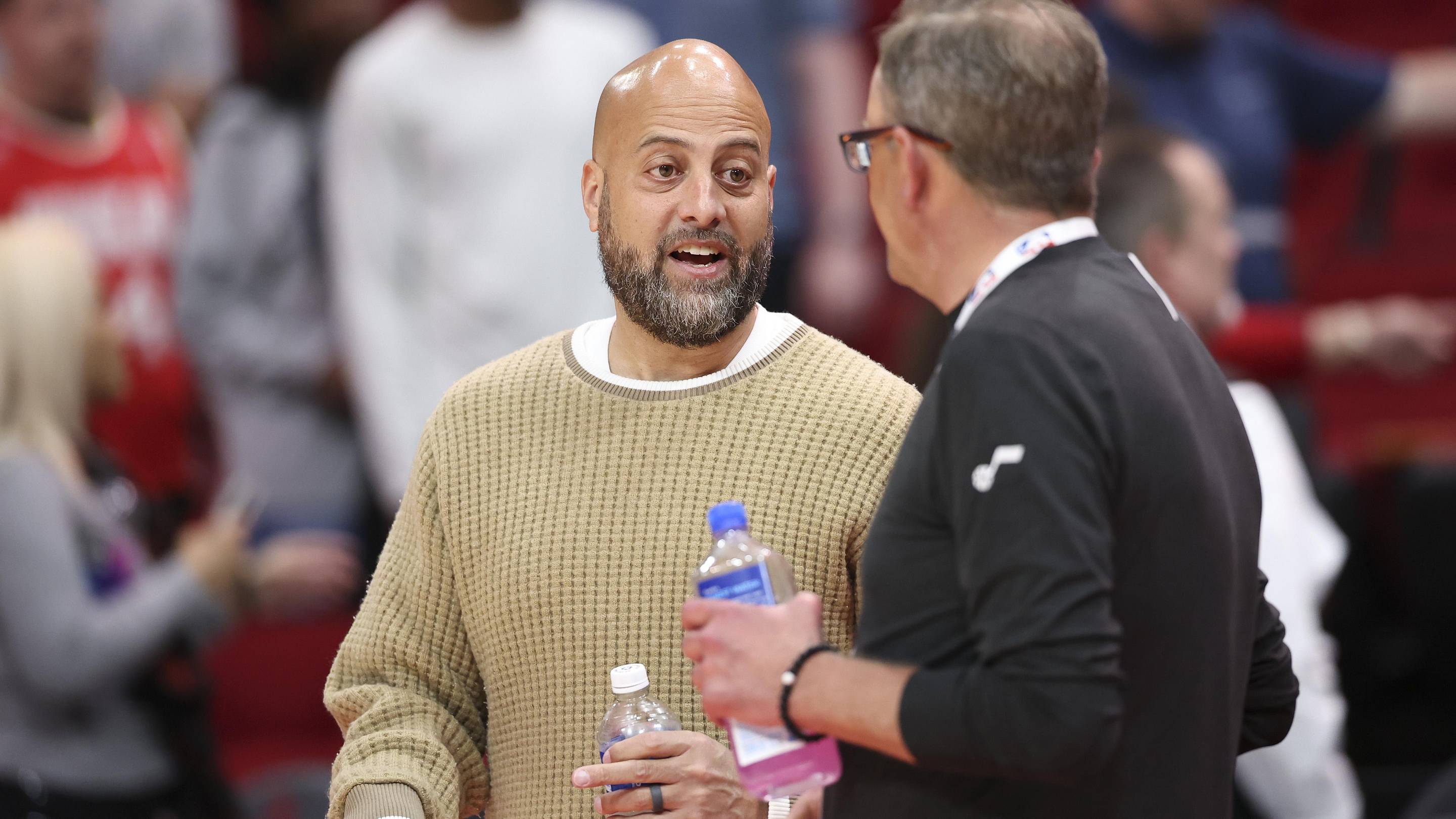 Apr 2, 2025; Houston, Texas, USA; Houston Rockets general manager Rafael Stone talks on the court before the game against the Utah Jazz at Toyota Center. Mandatory Credit: Troy Taormina-Imagn Images