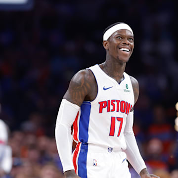 Apr 2, 2025; Oklahoma City, Oklahoma, USA; Detroit Pistons guard Dennis Schroder (17) stands during a time out against the Oklahoma City Thunder during the second half at Paycom Center. Mandatory Credit: Alonzo Adams-Imagn Images
