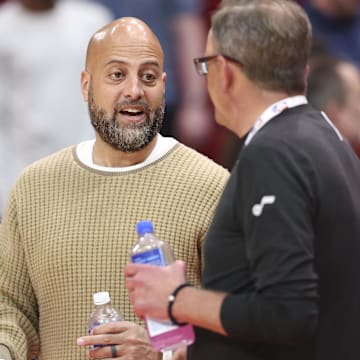 Apr 2, 2025; Houston, Texas, USA; Houston Rockets general manager Rafael Stone talks on the court before the game against the Utah Jazz at Toyota Center. Mandatory Credit: Troy Taormina-Imagn Images