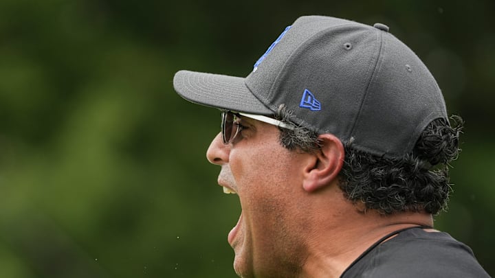 New Kentucky offensive coordinator Bush Hamdan coaches during practice Friday. August 2, 2024 in Lexington. Hamdan came from Boise State; he's also coached at Missouri, the Atlanta Falcons and Florida as well.