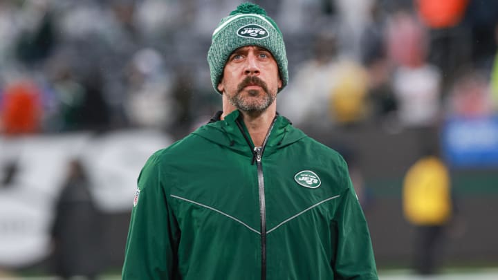 Dec 10, 2023; East Rutherford, New Jersey, USA; New York Jets quarterback Aaron Rodgers (8) on the field after the game against the Houston Texans at MetLife Stadium.