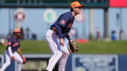 Feb 25, 2024; West Palm Beach, Florida, USA; Houston Astros third baseman Zach Dezenzo (84) in position against the St. Louis Cardinals during the sixth inning at CACTI Park of the Palm Beaches