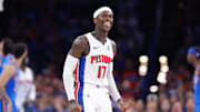 Apr 2, 2025; Oklahoma City, Oklahoma, USA; Detroit Pistons guard Dennis Schroder (17) stands during a time out against the Oklahoma City Thunder during the second half at Paycom Center. Mandatory Credit: Alonzo Adams-Imagn Images