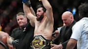 Mar 8, 2025; Las Vegas, Nevada, USA; Magomed Ankalaev (blue gloves) reacts after defeating Alex Pereira (not pictured) during UFC 313 at T-Mobile Arena. Mandatory Credit: Stephen R. Sylvanie-Imagn Images