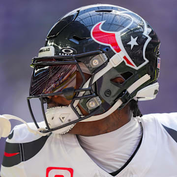 Sep 22, 2024; Minneapolis, Minnesota, USA; Houston Texans wide receiver Stefon Diggs (1) warms up before the game against the Minnesota Vikings at U.S. Bank Stadium. Mandatory Credit: Brad Rempel-Imagn Images