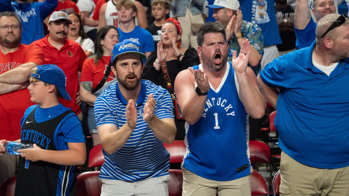 La Familia fans cheer on the team during their game against The Ville on Monday, July 29, 2024 at Freedom Hall in Louisville, Ky. during the quarter finals of The Basketball Tournament.