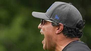New Kentucky offensive coordinator Bush Hamdan coaches during practice Friday. August 2, 2024 in Lexington. Hamdan came from Boise State; he's also coached at Missouri, the Atlanta Falcons and Florida as well.