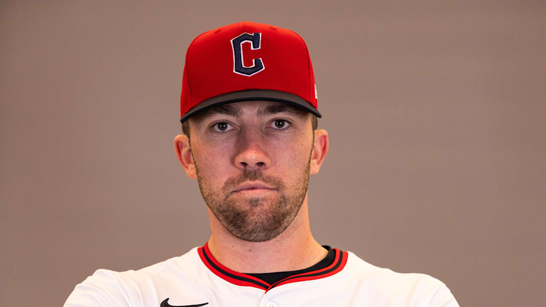 Feb 19, 2026; Goodyear, AZ, USA; Cleveland Guardians first baseman David Fry (6) during media day in Goodyear. Mandatory Credit: Arianna Grainey-Imagn Images