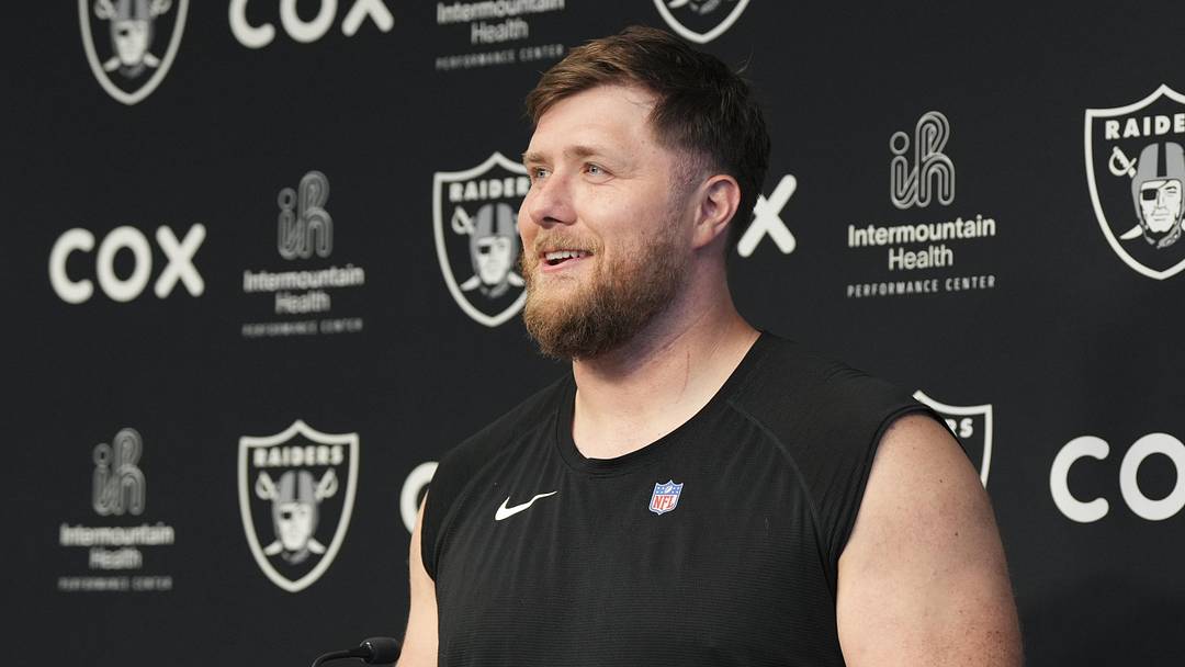May 20, 2026; Henderson, NV, USA; Las Vegas Raiders offensive tackle Kolton Miller (74) speaks during a news conference during organized team activities at Intermountain Health Performance Center. Mandatory Credit: Candice Ward-Imagn Images