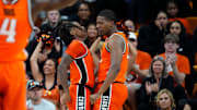 Oklahoma State Cowboys forward Abou Ousmane (33), right, and guard Khalil Brantley (5) celebrate during a college basketball game between the Oklahoma State Cowboys (OSU) and the Green Bay Phoenix at Gallagher-Iba Arena in Stillwater, Okla., Monday, Nov. 4, 2024.