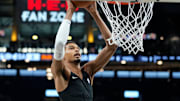 Oct 6, 2025; San Antonio, TX, USA; San Antonio Spurs forward-center Victor Wembanyama (1) warms up before a game against the Guangzhou Loong Lions at Frost Bank Center. Mandatory Credit: Scott Wachter-Imagn Images