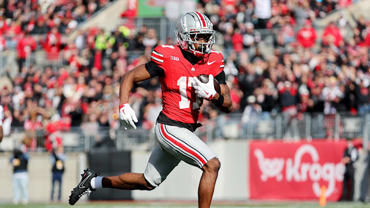 Nov 1, 2025; Columbus, Ohio, USA;  Ohio State Buckeyes wide receiver Carnell Tate (17) catches a long pass during the third quarter against the Penn State Nittany Lions at Ohio Stadium. Mandatory Credit: Joseph Maiorana-Imagn Images