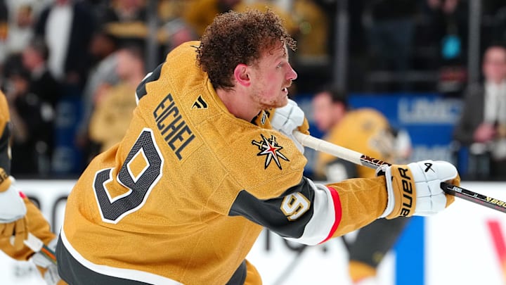 Apr 22, 2025; Las Vegas, Nevada, USA; Vegas Golden Knights center Jack Eichel (9) warms up before the start of game two of the first round of the 2025 Stanley Cup Playoffs against the Minnesota Wild at T-Mobile Arena. Mandatory Credit: Stephen R. Sylvanie-Imagn Images