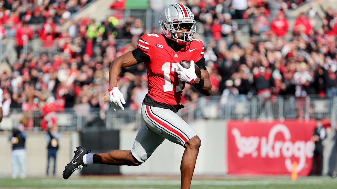 Nov 1, 2025; Columbus, Ohio, USA;  Ohio State Buckeyes wide receiver Carnell Tate (17) catches a long pass during the third quarter against the Penn State Nittany Lions at Ohio Stadium. Mandatory Credit: Joseph Maiorana-Imagn Images