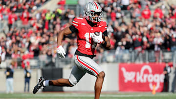 Nov 1, 2025; Columbus, Ohio, USA;  Ohio State Buckeyes wide receiver Carnell Tate (17) catches a long pass during the third quarter against the Penn State Nittany Lions at Ohio Stadium. Mandatory Credit: Joseph Maiorana-Imagn Images