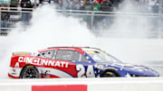 Oct 26, 2025; Martinsville, Virginia, USA; NASCAR Cup Series driver William Byron (24) celebrates his win following the Xfinity 500 at Martinsville Speedway.