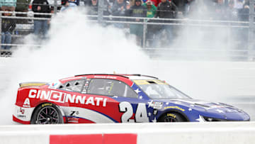 Oct 26, 2025; Martinsville, Virginia, USA; NASCAR Cup Series driver William Byron (24) celebrates his win following the Xfinity 500 at Martinsville Speedway.