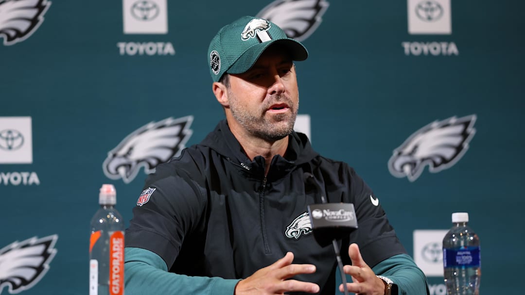 May 28, 2025; Philadelphia, PA, USA;  Philadelphia Eagles offensive coordinator Kevin Patullo speaks with the media at NovaCare Complex. Mandatory Credit: Bill Streicher-Imagn Images