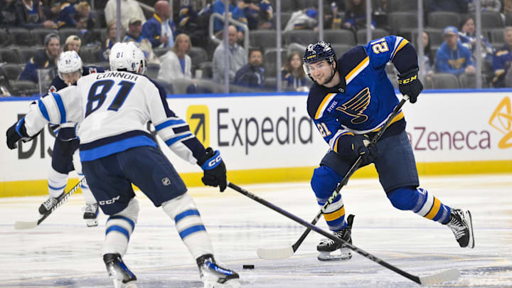 Apr 24, 2025; St. Louis, Missouri, USA; St. Louis Blues right wing Jimmy Snuggerud (21) controls the puck as Winnipeg Jets left wing Kyle Connor (81) defends during the second period in game three of the first round of the 2025 Stanley Cup Playoffs at Enterprise Center. Mandatory Credit: Jeff Curry-Imagn Images