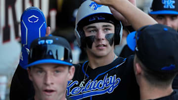 KentuckyÕs Tyler Bell (6) celebrates after scoring a run during a NCAA baseball game against Georgia on March 14, 2025.