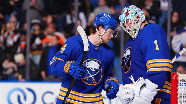Buffalo Sabres players Bowen Byram and Ukko-Pekka Luukkonen