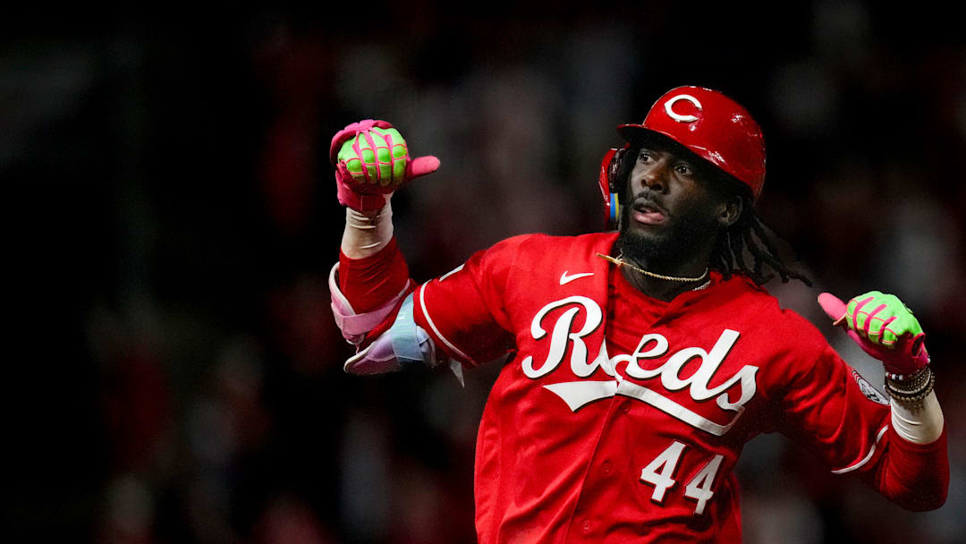 Cincinnati Reds shortstop Elly de la Cruz (44) runs the bases after hitting his 10th home run of the season in the eighth inning of the MLB National League game between the Cincinnati Reds and the Colorado Rockies at Great American Ball Park in downtown Cincinnati on Tuesday, April 28, 2026. The Reds won the opening game of the series, 7-2.