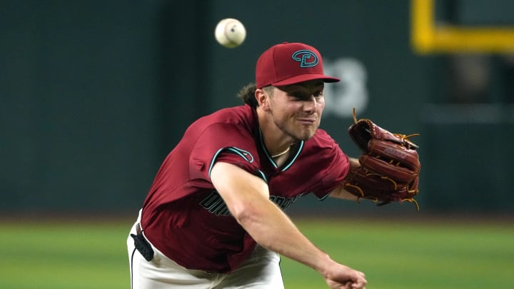 Jul 11, 2024; Phoenix, Arizona, USA; Arizona Diamondbacks pitcher Brandon Pfaadt (32) throws against the Atlanta Braves in the first inning at Chase Field. Mandatory Credit: Rick Scuteri-USA TODAY Sports