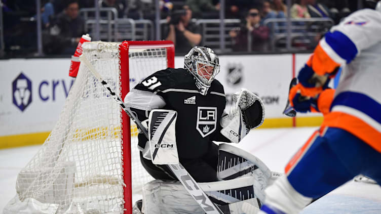 Mar 11, 2024; Los Angeles, California, USA; Los Angeles Kings goaltender David Rittich (31) blocks a