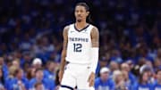 Apr 22, 2025; Oklahoma City, Oklahoma, USA; Memphis Grizzlies guard Ja Morant (12) walks down the court in the third quarter of game two of first round for the 2024 NBA Playoffs against the Oklahoma City Thunder at Paycom Center. Mandatory Credit: Alonzo Adams-Imagn Images