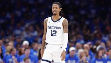 Apr 22, 2025; Oklahoma City, Oklahoma, USA; Memphis Grizzlies guard Ja Morant (12) walks down the court in the third quarter of game two of first round for the 2024 NBA Playoffs against the Oklahoma City Thunder at Paycom Center. Mandatory Credit: Alonzo Adams-Imagn Images
