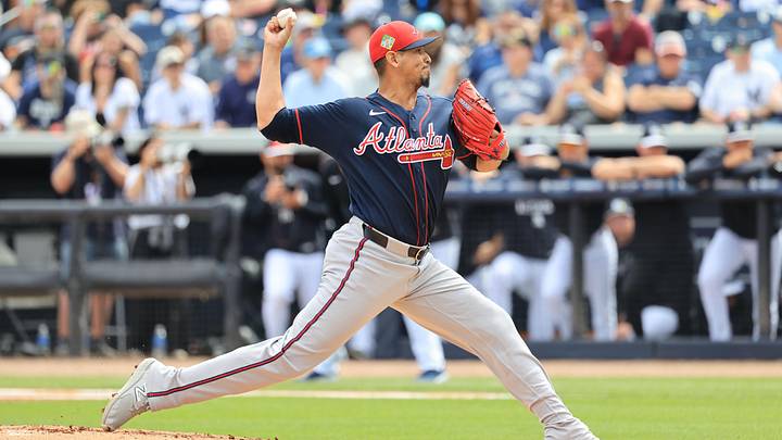 Feb 26, 2026: Atlanta Braves starting pitcher Carlos Carrasco (59) throws a pitch during the first inning against the New York Yankees at George M. Steinbrenner Field. 