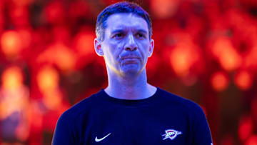 Apr 9, 2025; Phoenix, Arizona, USA; Oklahoma City Thunder head coach Mark Daigneault  against the Phoenix Suns at Footprint Center. Mandatory Credit: Mark J. Rebilas-Imagn Images