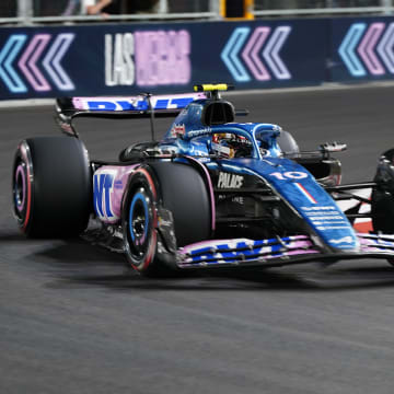 Nov 17, 2023; Las Vegas, Nevada, USA;   BWT Alpine F1 driver Pierre Gasly (10) of France drives during the qualifiers at the Las Vegas Strip Circuit. Mandatory Credit: Lucas Peltier-USA TODAY Sports