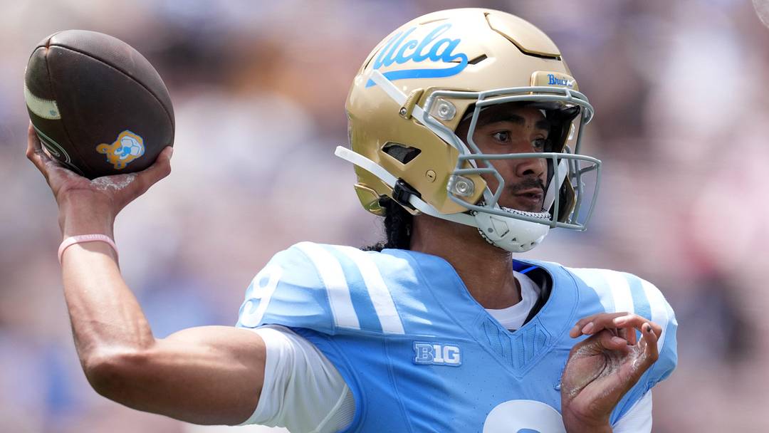 May 2, 2026; Pasadena, CA, USA; UCLA Bruins quarterback Nico Iamaleava (9) throws the ball during the spring game at Rose Bowl. Mandatory Credit: Kirby Lee-Imagn Images