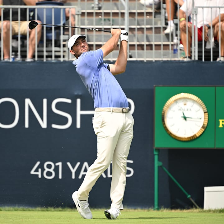 Scottie Scheffler tees off on the first hole during the first round of the BMW Championship 